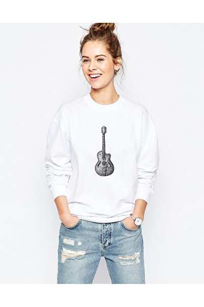 QIVI Drawing Classic Guitar Printed White Women's Knitted Sweatshirt Long Sleeve