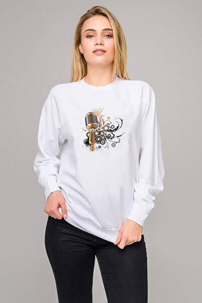 QIVI Gold Colored Microphone Microphone Shure Music Printed White Women's Kni...