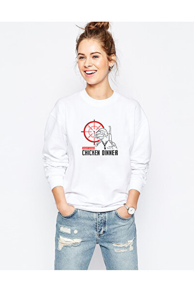 QIVI Winner Chicken Printed White Women's Knitted Sweatshirt Long Sleeve