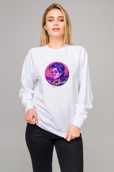 QIVI سترة سترانجر ثينجز ستيف مطبوع النسائية البيضاء المحبوكة بأكمام طويلة