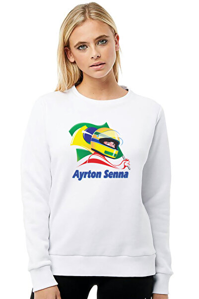 QIVI سويت شيرت فورمولا إف 1 آيرتون سينا إف 1 مطبوع للسيدات باللون الأبيض محبو...