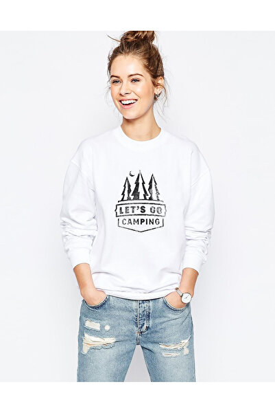 QIVI Lets Go Camping Çam Printed White Women's Knitted Sweatshirt Long Sleeve