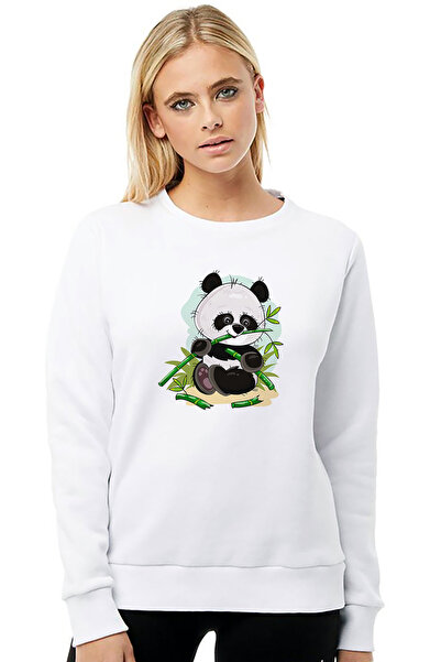 QIVI Panda Printed White Women's Knitted Sweatshirt Long Sleeve