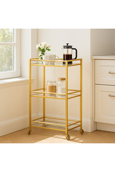 YINZUO 3-Tier Bar Cart with Clear Glass Shelves & Welded Metal Frame – No Installation Needed