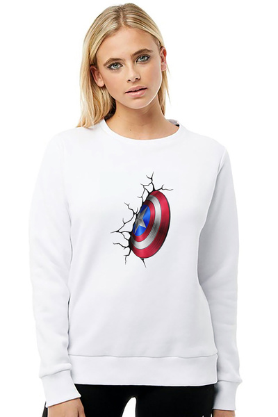 QIVI سترة كابتن أمريكا شيلد وول مطبوع للسيدات باللون الأبيض محبوكة بأكمام طويلة