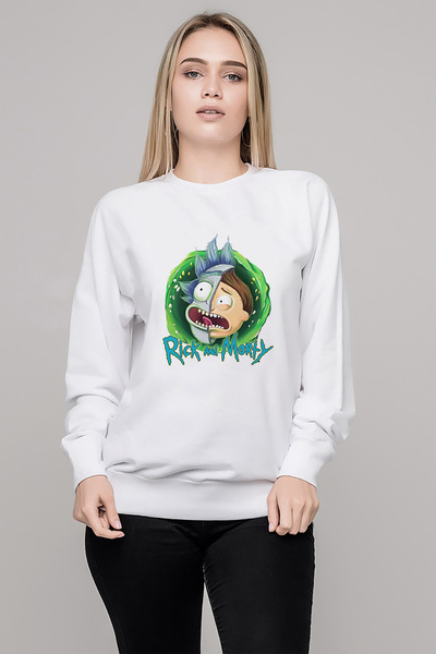 Rick And Morty Baskılı Beyaz Kadın Örme Sweatshirt Uzun kol