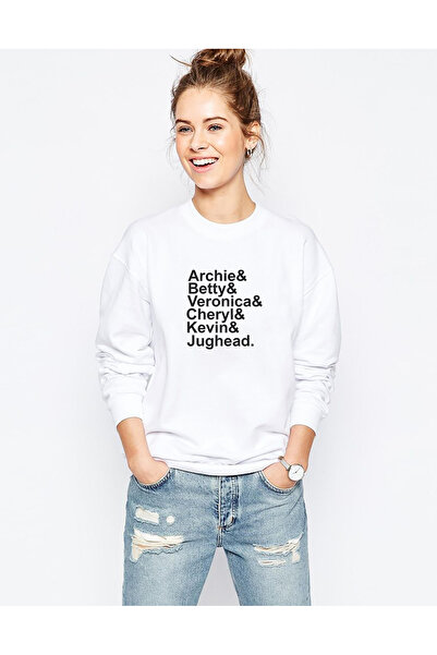 QIVI سترة ريفيرديل كاراكيرز نيم مطبوع للسيدات باللون الأبيض محبوكة بأكمام طويلة