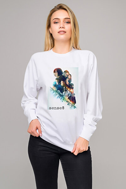 QIVI Shadow Fight Sense 8 Printed White Women's Knitted Sweatshirt Long Sleeve