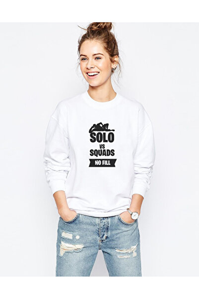 QIVI Solo Vs Squads No Fill Printed White Women's Knitted Sweatshirt Long Sleeve