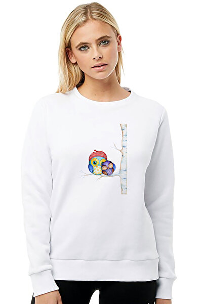 QIVI Owl on a Tree Branch Owl Moon Printed White Women's Knitted Sweatshirt L...