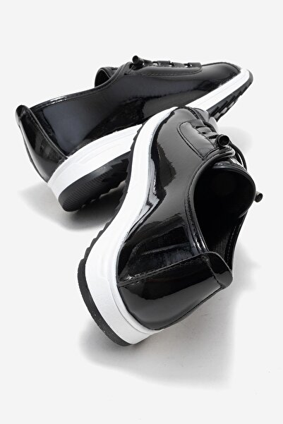 CCWAY AYAKKABI Soft Sole Rubber Laced Women's Shoes Black Patent Leather