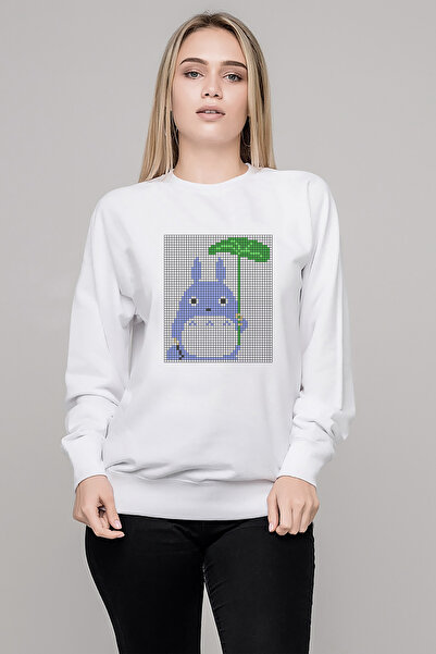 QIVI My Neighbor Komşum Totoro Printed White Women's Knitted Sweatshirt Long ...