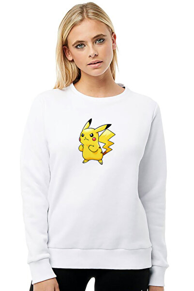 QIVI Angry Pikachu Pokemon Printed White Women's Knitted Sweatshirt Long Sleeve