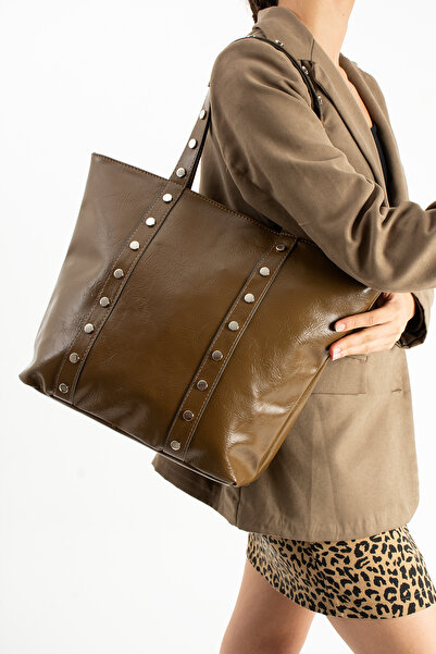 Çanta Trend *** Feminine Model Dark Oil Green Color Large Size Women's Hand and Shoulder Bag