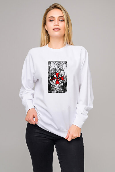 QIVI سويت شيرت ريزدنت إيفل مطبوع للسيدات باللون الأبيض بأكمام طويلة