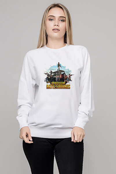 QIVI Pubg Printed White Women's Knitted Sweatshirt Long Sleeve