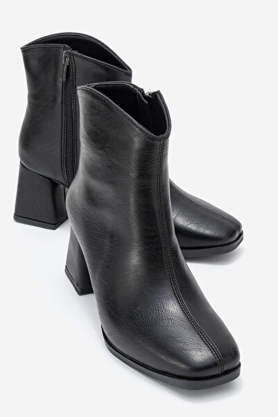 CCWAY AYAKKABI Cizme cu toc pentru femei, cu vârf plat, PIELE NEGRĂ