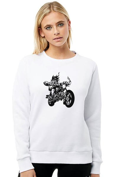 QIVI Black Motorcycle Skull Printed White Women's Knitted Sweatshirt Long Sleeve