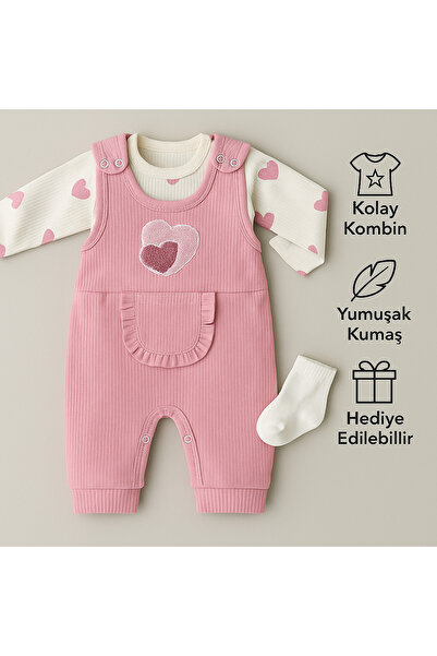 MYZİ STORE Σετ ολόσωμη φόρμα για μωρό 3 τεμαχίων - Σετ ολόσωμη φόρμα με σχέδιο καρδιάς, μελιτζάνα και κάλτσες, 100% βαμβάκι