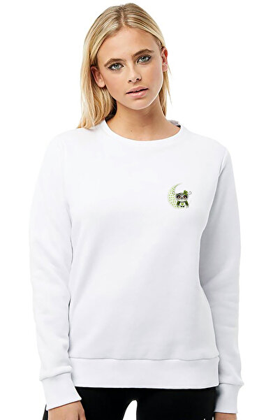 QIVI Baykuş Owl Moonay Printed White Women's Knitted Sweatshirt Long Sleeve