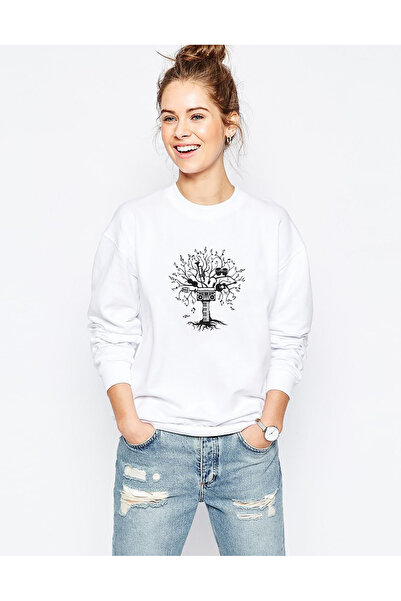 QIVI Silhouette Melody Tree Printed White Women's Knitted Sweatshirt Long Sleeve