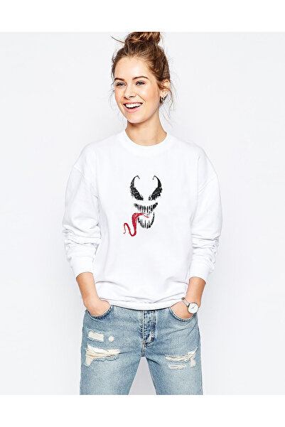 QIVI Venom Printed White Women's Knitted Sweatshirt Long Sleeve