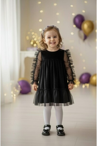 penu baby kids Black Velvet Long Tulle Sleeve Girl's Dress with Ruffles on the Sleeves and Hem