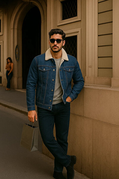 comstar Men's Winter Casual Fur Lined Classic Dark Blue Denim Jacket