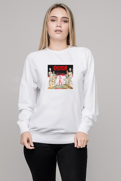 QIVI Kreator Terrible Certainty Printed White Women's Knitted Sweatshirt Long...