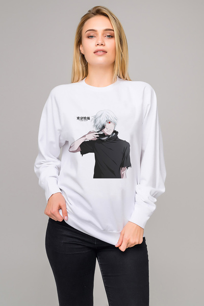 QIVI سويت شيرت أنمي طوكيو غول أنتييكو مطبوع للنساء باللون الأبيض بأكمام طويلة