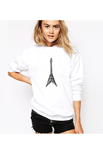 QIVI Drawing Rock Guitar Printed White Women's Knitted Sweatshirt Long Sleeve
