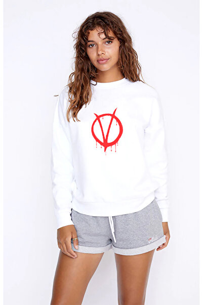 QIVI V for Vendetta Printed White Women's Knitted Sweatshirt Long Sleeve