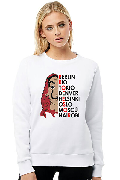 QIVI La Casa De Papel Printed White Women's Knitted Sweatshirt Long Sleeve