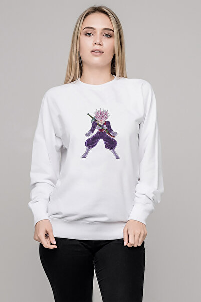 QIVI Anime Dragon Ball Printed White Women's Knitted Sweatshirt Long Sleeve