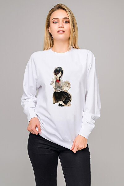 QIVI سترة أنمي طوكيو غول أنتيكي توكا رابيت مطبوع للنساء باللون الأبيض محبوكة ...