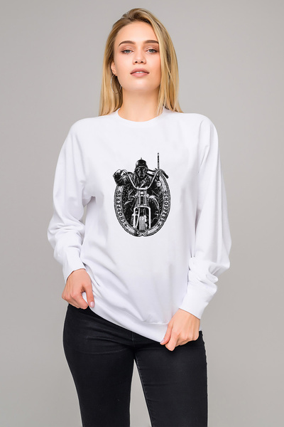 QIVI سترة موتورسايكل تشوبرز مطبوع النسائية البيضاء المحبوكة بأكمام طويلة