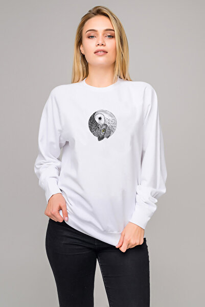 QIVI سترة Baykuş Yin Yang Art Striped Owl مطبوع للسيدات باللون الأبيض محبوكة ...