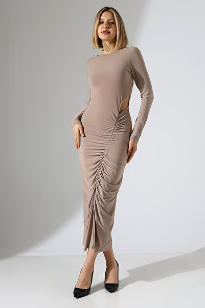 Planet Prestige Μπεζ/χρώμα του δέρματος Μίντι φόρεμα με μακρυμάνικο μανίκι με ανοιχτό πλάι, ελαστικό ύφασμα, βραδινό φόρεμα