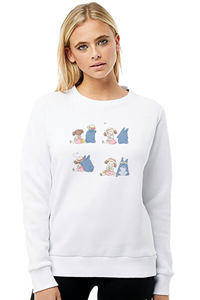 QIVI My Neighbor Komşum Totoro Printed White Women's Knitted Sweatshirt Long ...