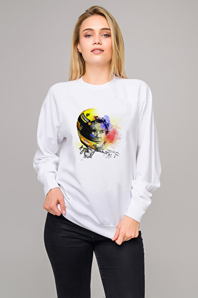 QIVI سويت شيرت فورمولا إف 1 آيرتون سينا إف 1 مطبوع للسيدات باللون الأبيض محبو...