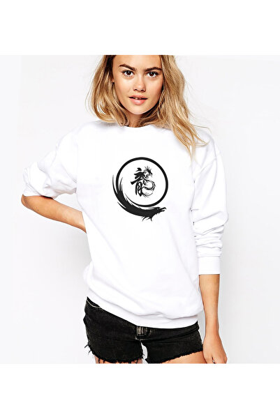 QIVI Silhouette Dragon Logo Printed White Women's Knitted Sweatshirt Long Sleeve