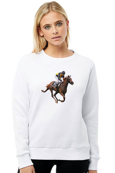QIVI Horse Racing Jockey Printed White Women's Knitted Sweatshirt Long Sleeve