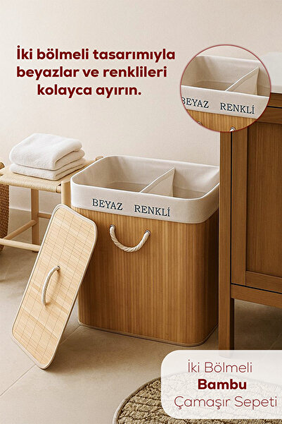 Porsima Çift Bölmeli Kapaklı Kirli Çamaşır Sepeti Dikdörtgen - İki Bölmeli Bambu Kirli Çamaşır Sepeti