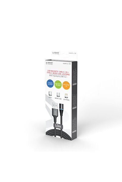 Savio Magnetic 3-in-1 Fast Charging & Data Cable (USB-C, Micro USB, Lightning) 1m, Black