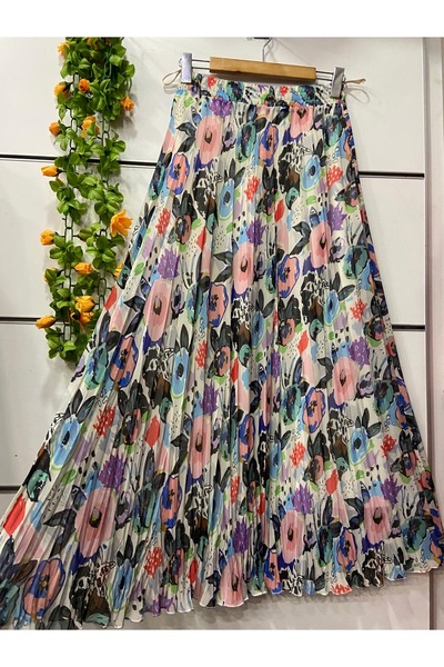 edu collection Patterned Chiffon Kiloş Bell Skirt with Lining