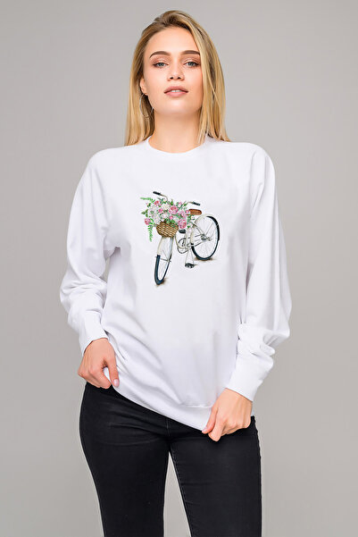 QIVI Sepetli Bisiklet Printed White Women's Knitted Sweatshirt Long Sleeve