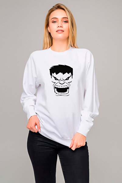 QIVI Hulk Angry Printed White Women's Knitted Sweatshirt Long Sleeve