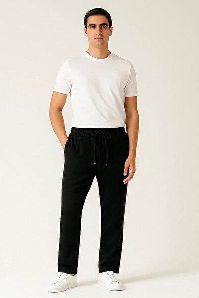 ERKEK SİYAH GABARDİN JOGGER BELİ LASTİKLİ DÜZ PAÇA PANTOLON