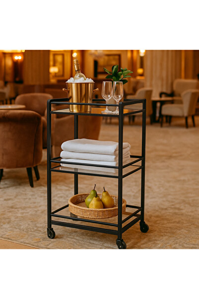 YINZUO 3-Tier Bar Cart with Clear Glass Shelves & Welded Metal Frame – No Installation Needed