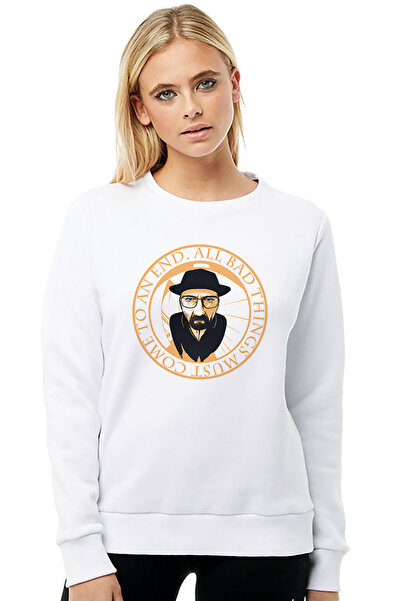 QIVI Breaking Bad All Bad Printed White Women's Knitted Sweatshirt Long Sleeve